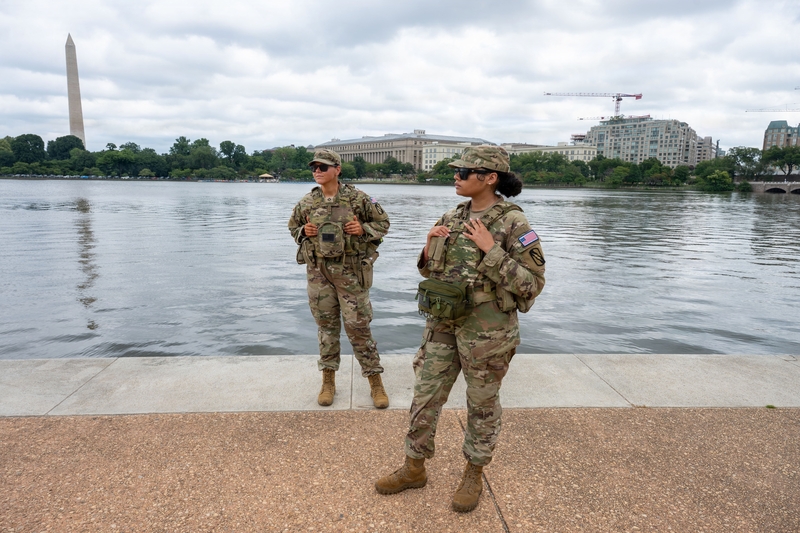 Pfc. Jorden Edlin, left, and U.S. Army Spc. Kaliyah Johnson, right, with the Mississippi National Guard ,assigned to Joint Task Force-District of Columbia in support of the DC Safe and Beautiful mission, patrol at the Thomas Jefferson Memorial in Washington, D.C., on Aug. 2, 2026. (Photo by Photo by Sgt. Alex Lopez/Joint Task Force DC)