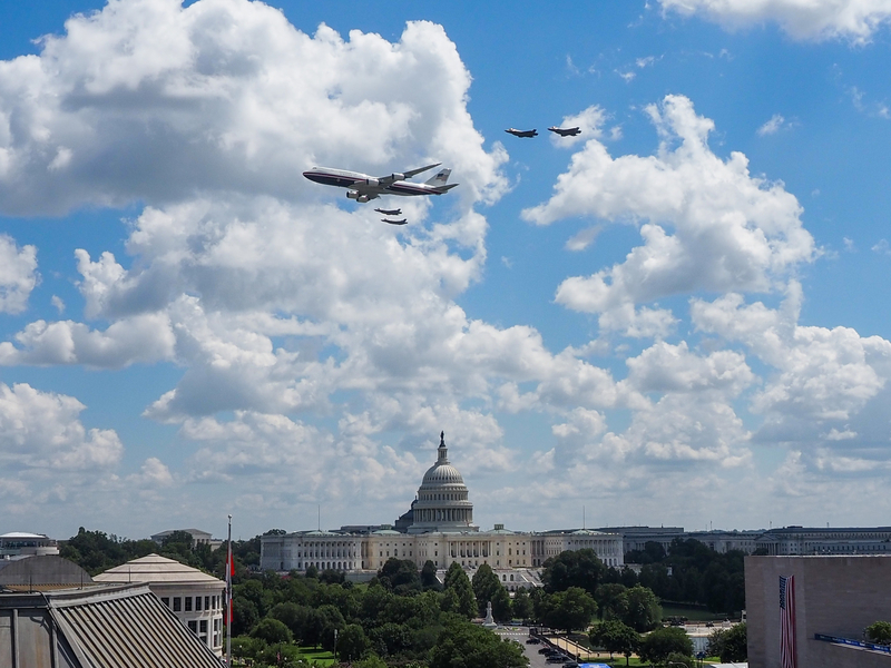 Air Force One and fighter jets flew over Pennsylvania Avenue ahead of the NTT IndyCar Series Freedom 250 Grand Prix in Washington, D.C., on Sunday, Aug. 23, 2026. (Photo by Ashley Murray/States Newsroom)