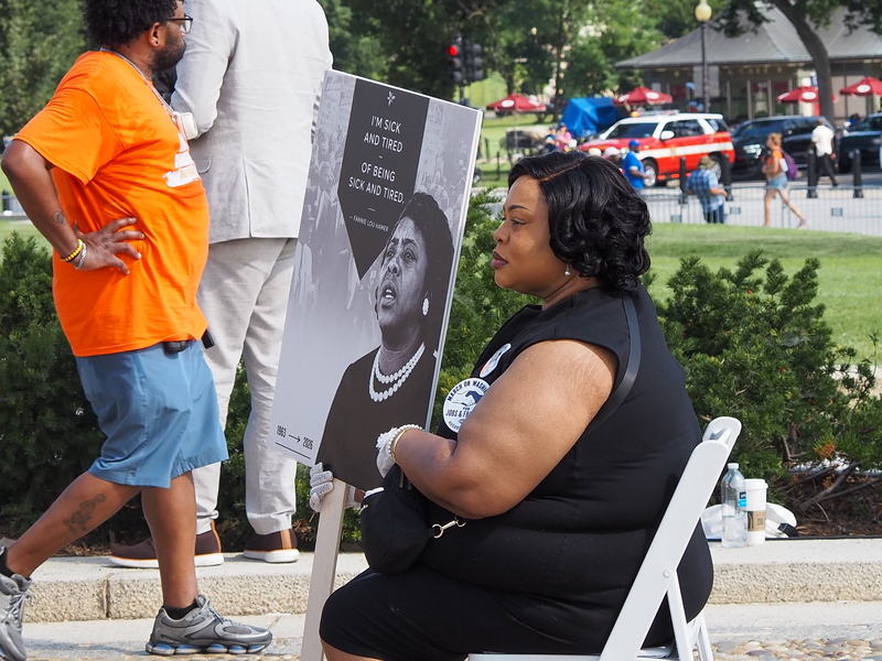 Swani Keelson, of Baltimore, Maryland, dressed as the late voting and women's rights activist Fannie Lou Hamer at the Lincoln Memorial in Washington, D.C., on Friday, Aug. 28, 2026, at the 63rd anniversary event of the 1963 March on Washington for Jobs and Freedom. (Photo by Ashley Murray/States Newsroom)