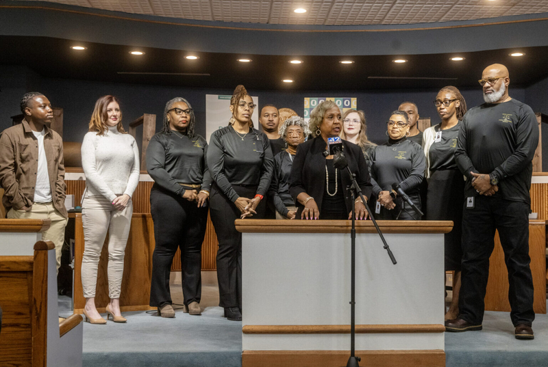 Public defenders introduce themselves during a press conference advocating for Hinds County to pay its public defenders more on Tuesday, Feb. 24, 2026, in Jackson. Credit: Eric Shelton/Mississippi Today