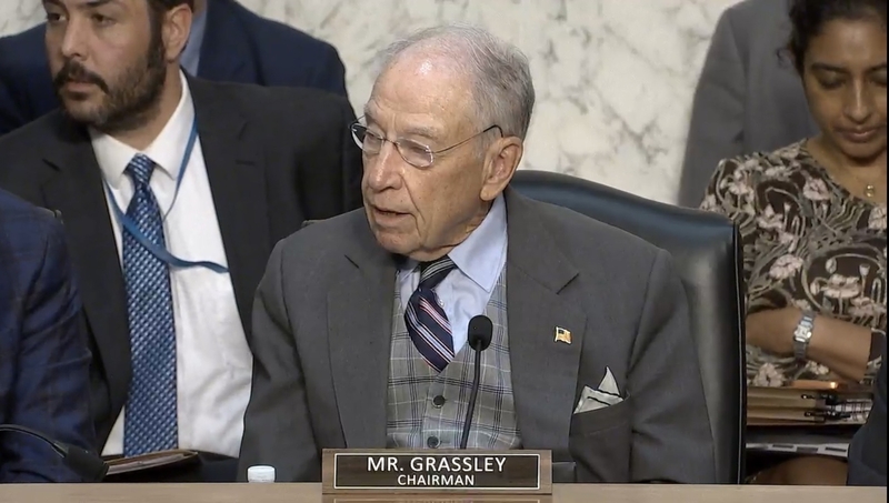 Sen. Chuck Grassley, R-Iowa, is urging President Donald Trump to embargo diesel fuel exports as rising costs impact farmers in his largely agricultural state. Grassley is shown at a Senate Judiciary Committee meeting on July 23, 2026. (Screenshot from committee webcast)