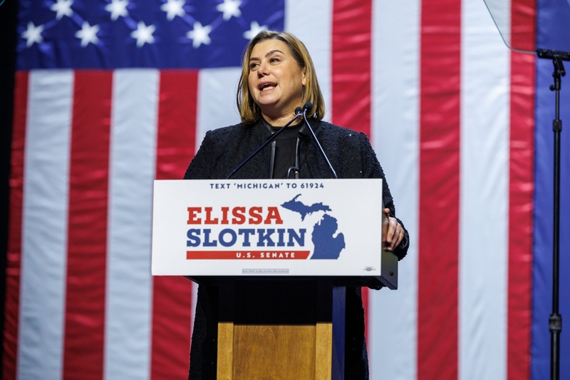 U.S. Sen. Elissa Slotkin speaks at the Michigan Democratic Party’s election night watch party in Detroit on Nov. 5, 2024. (Photo by Andrew Roth/Michigan Advance)