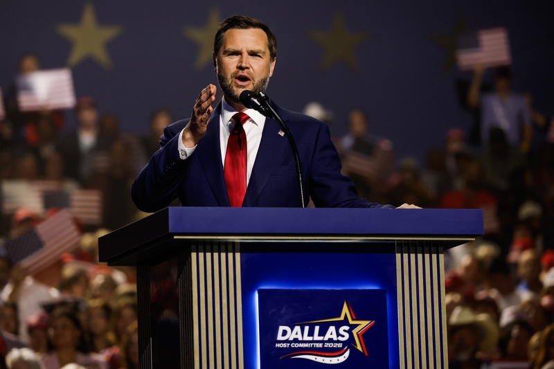 DALLAS, TEXAS - SEPTEMBER 10: U.S. Vice President JD Vance speaks on stage on the second day of the 2026 Republican National Convention at the American Airlines Center on September 10, 2026 in Dallas, Texas. U.S. President Donald Trump is headlining the Republican National Committee's first-ever midterm convention as he aims to highlight his administration’s achievements and rally support for GOP candidates just two months before the upcoming elections being held on November 3. (Photo by Justin Sullivan/Get