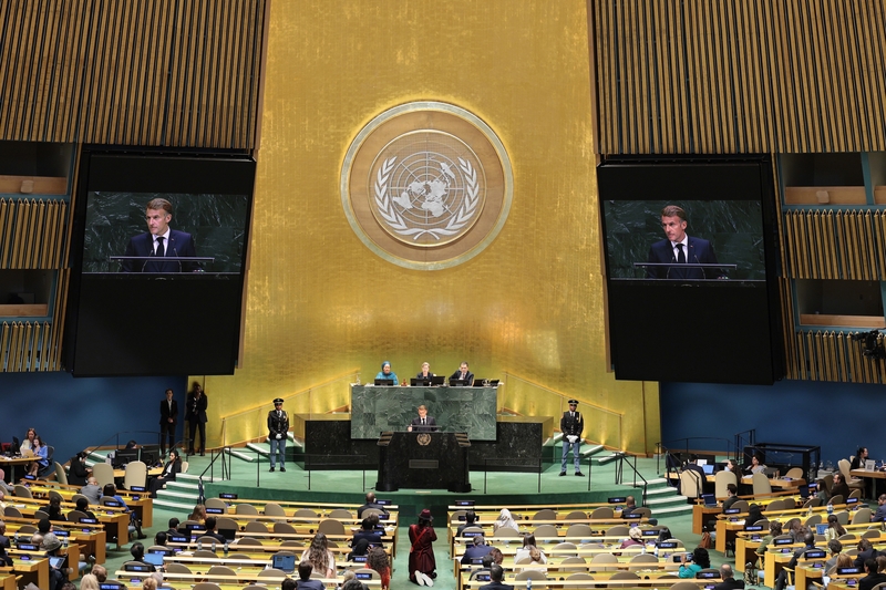 French President Emmanuel Macron speaks during the 81st session of the United Nations General Assembly at U.N. Headquarters in New York City on Sept. 22, 2026. (Photo by Michael M. Santiago/Getty Images)