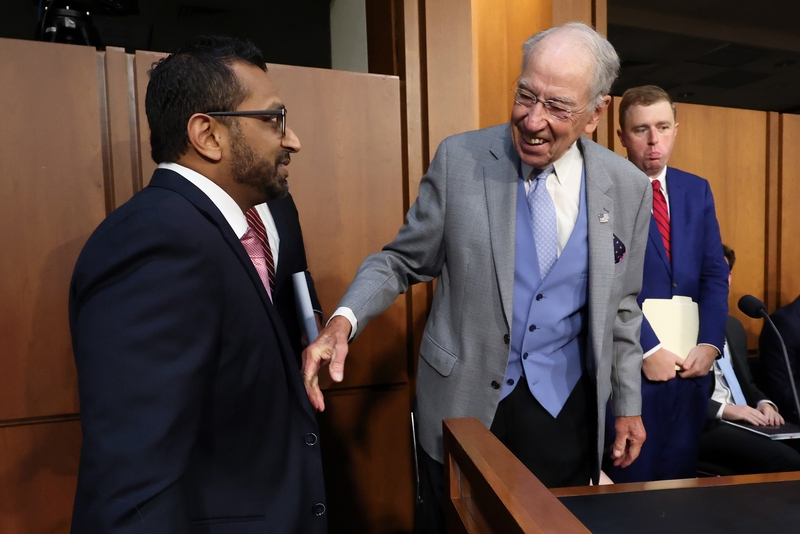 Federal Bureau of Investigation Director Kash Patel, left, greets Senate Judiciary Chairman Chuck Grassley as Patel arrives to testify during a Senate Judiciary Committee hearing in the Hart Senate Office Building on Sept. 15, 2026 in Washington, D.C. (Photo by Win McNamee/Getty Images)
