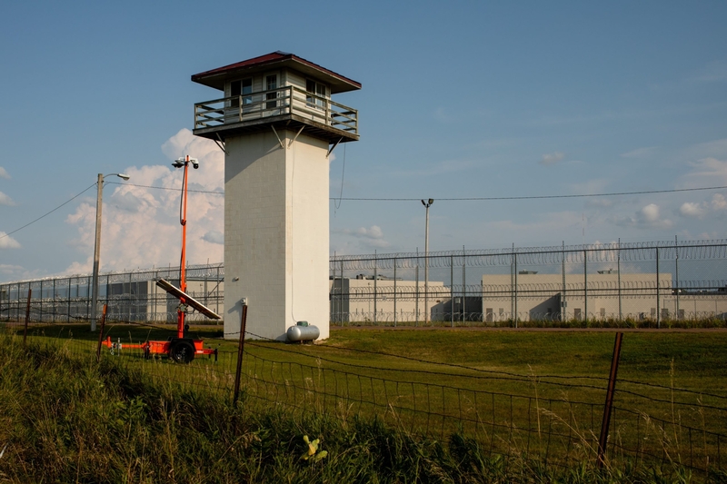 The watchtower of CoreCivic’s former Prairie Correctional Facility, in Appleton, Minn., which will now be used as an ICE detention center, on Aug. 20, 2026. (Photo by Nicole Neri/Minnesota Reformer)