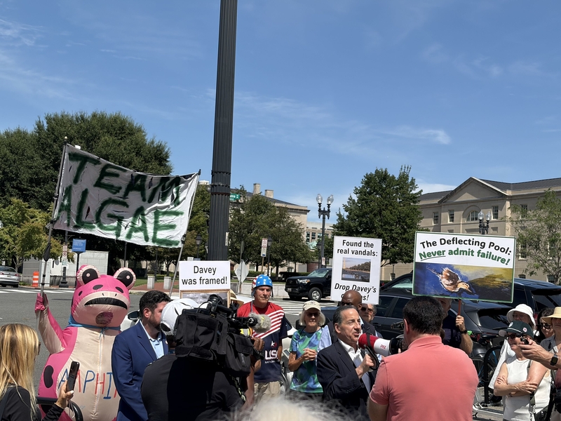 Supporters of Olympian David Hearn of Bethesda, Maryland, who has pleaded not guilty to charges of vandalizing the Lincoln Memorial Reflecting Pool, gather outside District of Columbia Superior Court on Sept. 4, 2026. (Photo by Ariana Figueroa/States Newsroom)