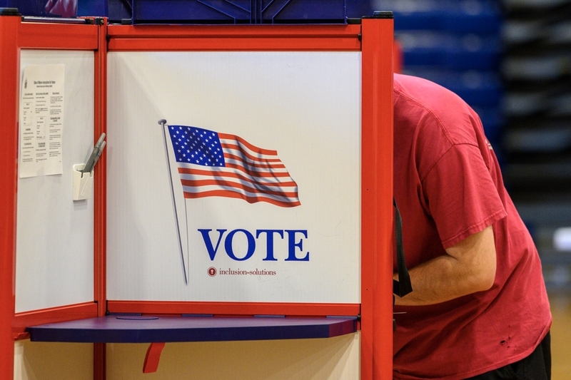 Voting at the Portland Expo in Maine’s June 9, 2026 primary election. (Photo by Jim Neuger / Maine Morning Star)