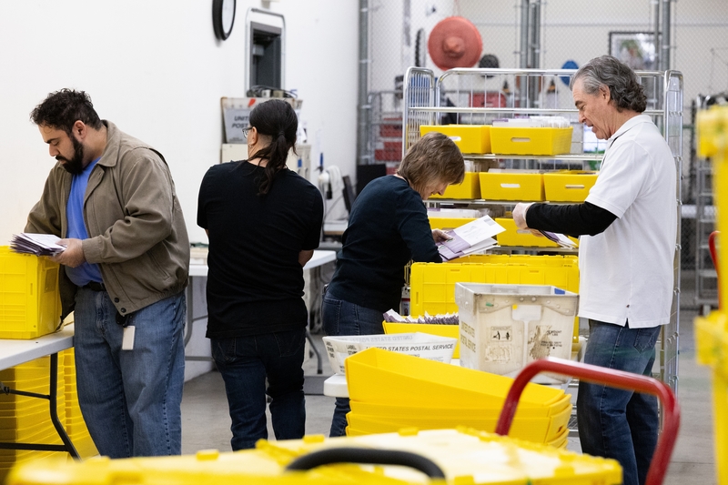 Election workers sort ballots at Contra Costa County's election operations facility on May 27, 2026 in Martinez, California. (Photo by Benjamin Fanjoy/Getty Images)