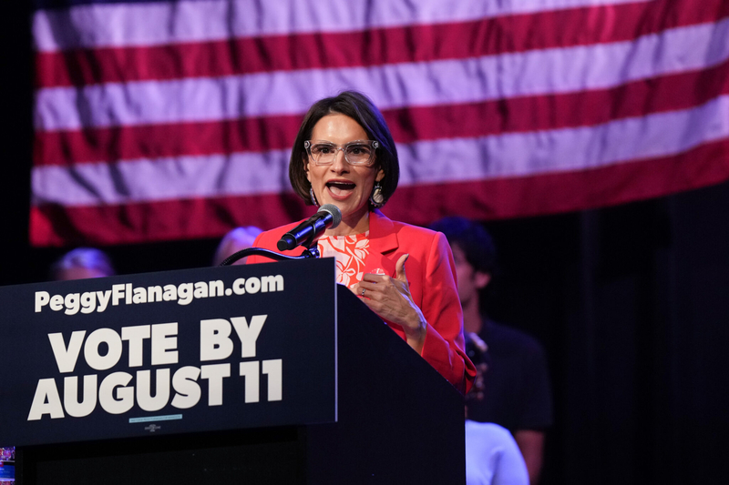 Lt. Gov. Peggy Flanagan took the stage at the First Avenue rally on July 20, 2026. (Photo by Glen Stubbe/Minnesota Reformer)