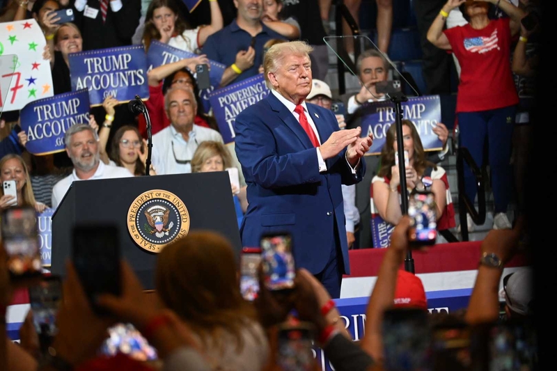 President Donald Trump spoke before a friendly crowd at Wheeler High School near Marietta on July 22, 2026. Trump spoke about Trump Accounts for children and railed against his political opponents. Ross Williams/Georgia Recorder