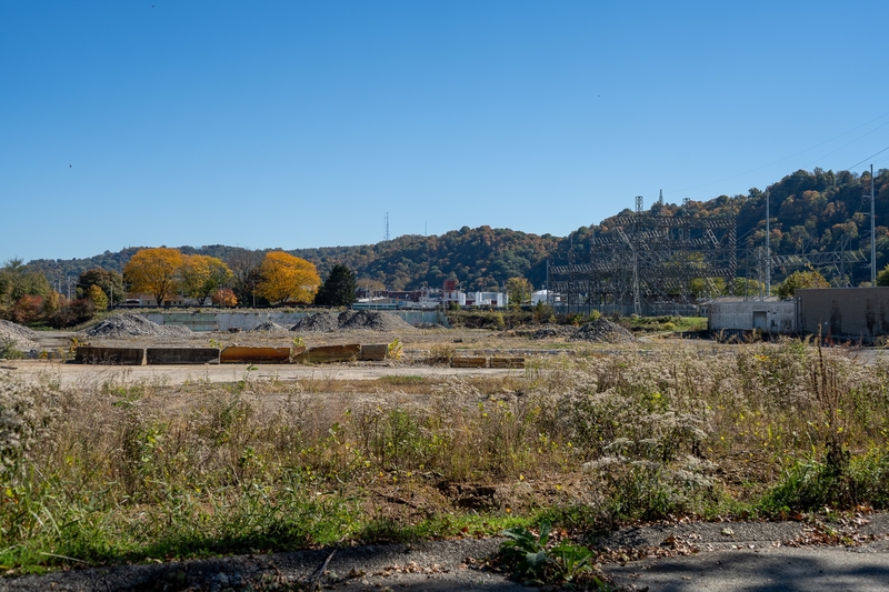 A portion of the proposed 47-acre data center site in Springdale, Pennsylvania, on Oct. 19, 2026, as photographed from nearby St. Mark's Cemetery. (Photo by Ashley Murray/States Newsroom