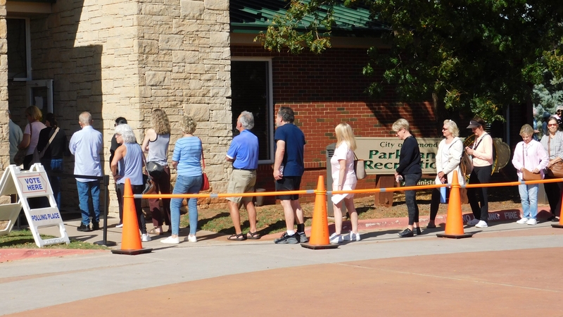 Voters line up to vote early on Wednesday at the MAC Center, 2733 Marilyn Williams Drive, in Edmond. (Photo by Barbara Hoberock/Oklahoma Voice)