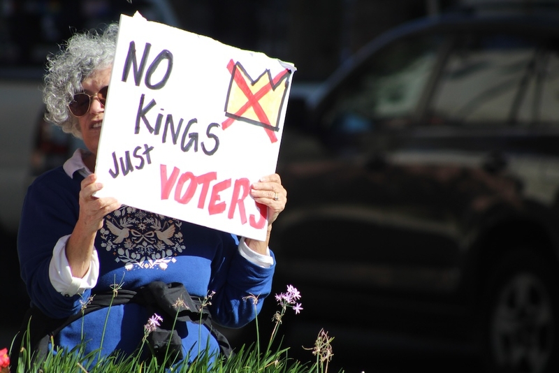No Kings campaign events held Saturday across the country included a gathering in downtown Covington, Louisiana, where participants encouraged passersby to vote in the Nov. 3 congressional midterm election. Early voting in Louisiana starts Oct. 20. (Photo by Greg LaRose/Louisiana Illuminator)
