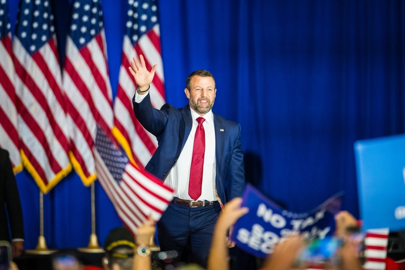 Homeland Security Secretary Markwayne Mullin walks onto the stage during a midterm election rally with President Donald Trump at the Choctaw Event Center, on Oct. 1, 2026, in Durant, Oklahoma. (Photo by Jessica Tobias/For Oklahoma Voice)