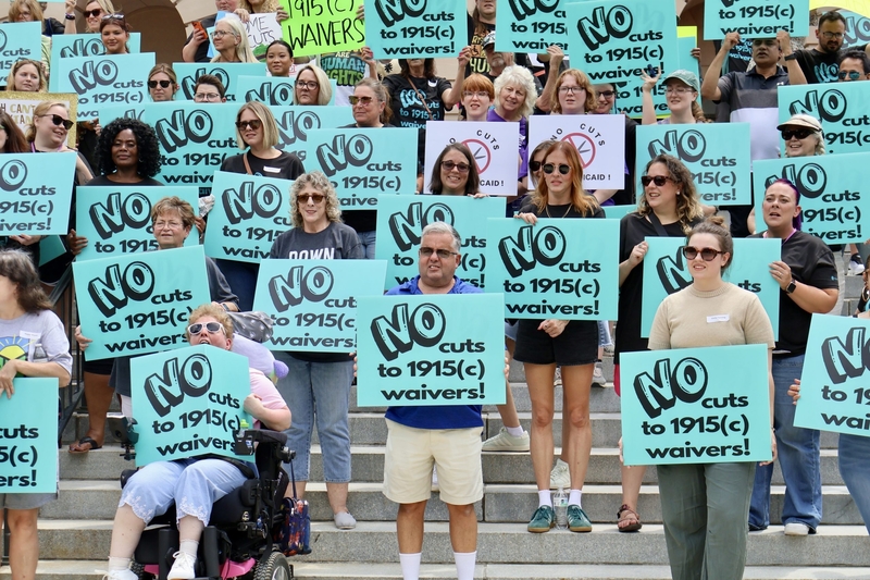 Dozens of Kentuckians with disabilities and their loved ones and advocates came to Frankfort and pleaded with elected officials to find a way to protect the services they receive through Medicaid waivers, on July 17, 2026. (Photo by Sarah Ladd/Kentucky Lantern)