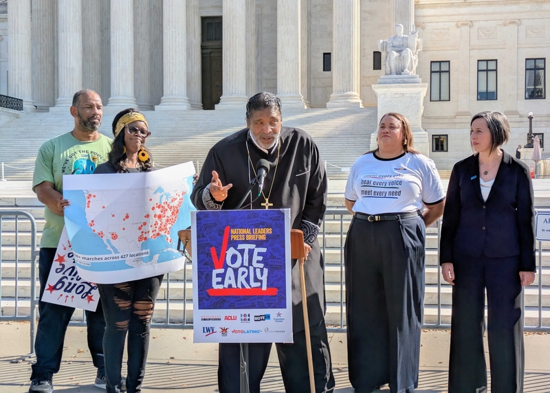 Bishop William Barber, of Repairers of the Breach, spoke alongside voting rights advocates from Common Cause, the ACLU, Indivisible, State Voices and others, at a press conference outside the U.S. Supreme Court in Washington, D.C., on Wednesday, Oct. 14, 2026. (Photo by Ashley Murray/States Newsroom)