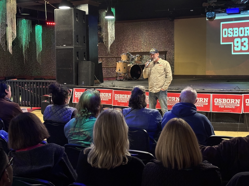 Dan Osborn, an independent candidate for U.S. Senate, speaks at a town hall in Omaha, Nebraska, on Oct. 14, 2026. (Photo by Jonathan Shorman/States Newsroom)