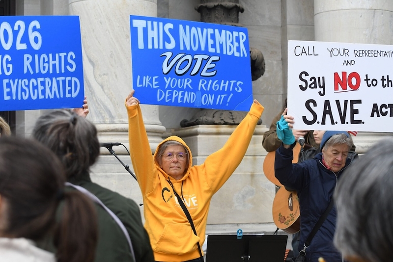 Mardys Leeper of Radnor, Pennsylvania, is one of several hundred rallygoers at a No Kings event to promote early voting on Saturday, Oct. 17, 2026, in Media, Pennsylvania. (Photo by Peter Hall/Pennsylvania Capital-Star)