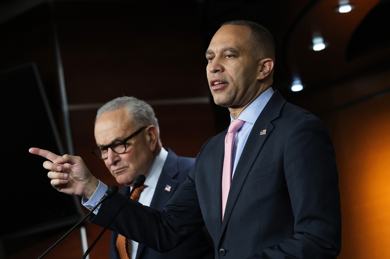 House Minority Leader Hakeem Jeffries, D-N.Y., speaks as Senate Minority Leader Chuck Schumer, D-N.Y., looks on during a news conference at the U.S. Capitol on Jan. 8, 2026 in Washington, D.C. (Photo by Kevin Dietsch/Getty Images)