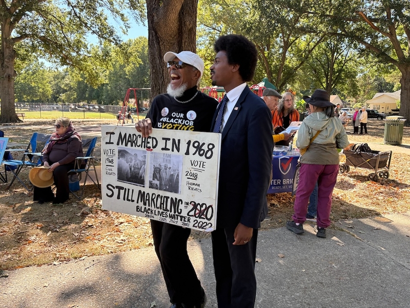 Joe Calhoun, left, worked as an 18-year-old in 1968 for the Rev. Martin Luther King Jr. At the No Kings event in Memphis, Tennessee, on Saturday, he joined state Rep. Justin J. Pearson, the Democratic nominee for the 9th Congressional District. (Photo by Cassandra Stephenson/Tennessee Lookout)