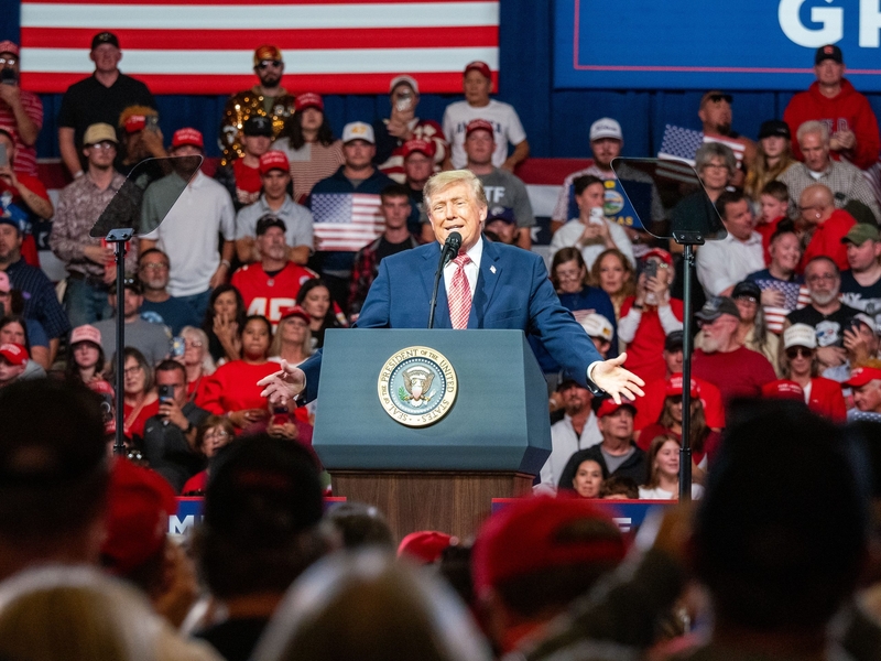 President Donald Trump speaks during an Oct. 19, 2026, rally at the Heartland Credit Union Arena in Park City, Kansas. (Photo by Sherman Smith/Kansas Reflector)