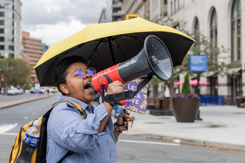 Aida Thoj of Lorton, Virginia, leads chants in protest of the Trump administration at the No Kings day event in Washington, D.C., on Oct. 17, 2026. (Photo by Baya Burgess/States Newsroom)