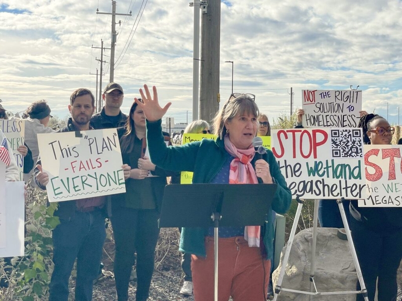 Homelessness advocates, environmentalists rally against homeless ‘mega shelter’