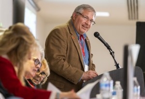 Republican Party of Wyoming Chair Bryan Miller talks from the podium during the Wyoming Republican State Convention on Saturday, April 25, 2026, in Douglas. (Dan Cepeda/WyoFile)