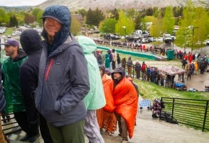 Michelle Ohmart smiles as she approaches the counter at Snow King Mountain in Jackson Hole on May 21, 2026, to buy tickets to Widespread Panic's July 5 concert atop the Town Hill. Ohmart said she got in line at 4:20 Thursday morning. Others spent the night in line. (Angus M. Thuermer Jr./WyoFile)