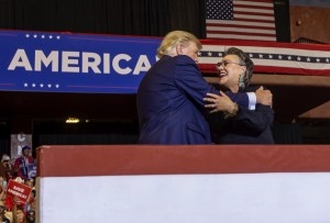 Donald Trump embraces Wyoming's then congressional candidate Harriet Hageman at a "Save America" rally in Casper, Wyoming, May 28, 2022. Hageman, who was endorsed by Trump ran against Liz Cheney. (Natalie Behring)