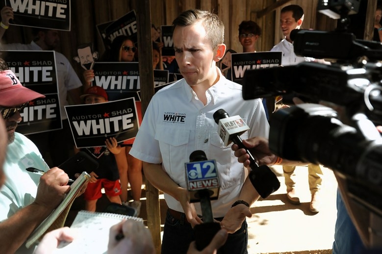 State Auditor Shad White speaking with the media at the Neshoba County Fair, Thursday, July 28, 2022. Credit: Vickie D. King/Mississippi Today