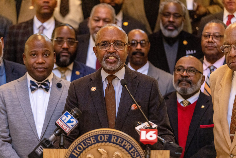 Rep. Robert Johnson, D-Natchez, speaks about the Medicaid expansion during a press conference at the Capitol in Jackson, Miss., Thursday, Feb. 2, 2023. Credit: Eric J. Shelton, Mississippi Today