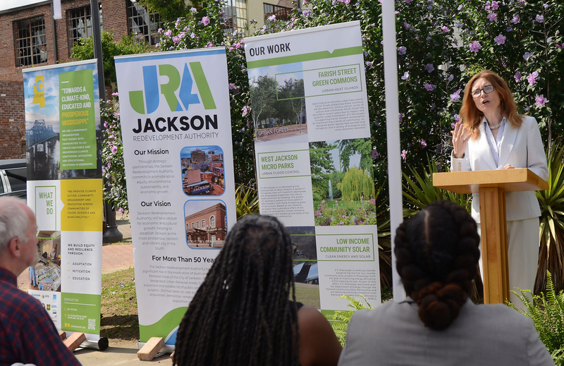 Dr. Dominika Parry, CEO of 2°C Mississippi, speaks during the groundbreaking ceremony for the Farish Street Green Commons, Thursday, June 5, 2025 in Jackson. Credit: Vickie D. King/Mississippi Today