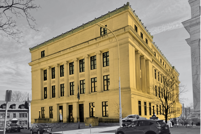 The Albany County Courthouse. | Photo: Warren Lamay via Flickr | Illustration: New York Focus.