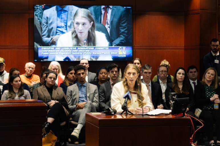 PURA Commissioner Marissa Gillett speaks before lawmakers on Thursday, Feb. 20, 2025, in what was an hours-long grilling over her five-year tenure as the state's top utilities regulator. Credit: Shahrzad Rasekh / CT Mirror