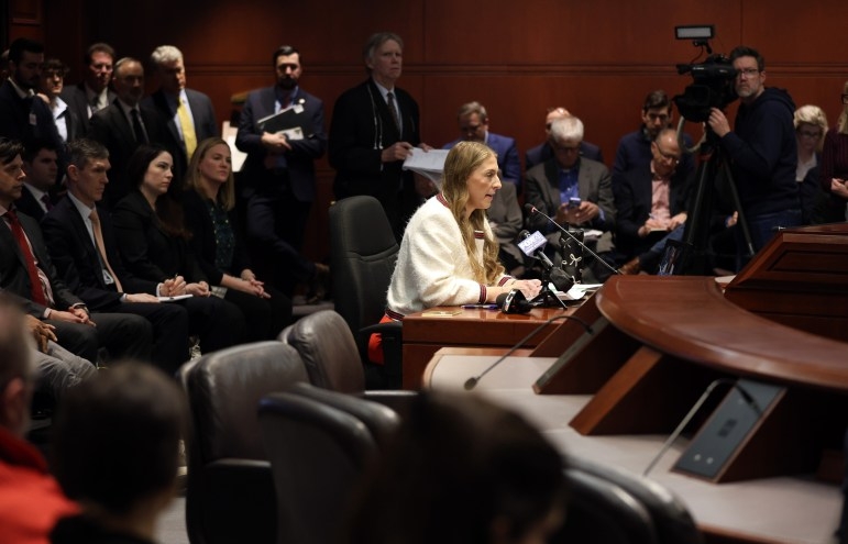 PURA Commissioner Marissa Gillett speaks before lawmakers on Thursday, Feb. 20, 2025, in what was an hours-long grilling over her five-year tenure as the state's top utilities regulator. Credit: Shahrzad Rasekh / CT Mirror