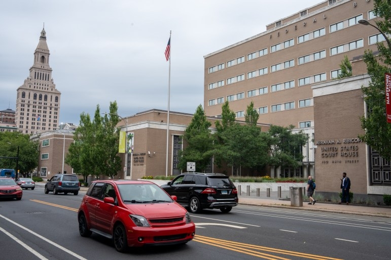The Abraham A. Ribicoff Federal U.S. Courthouse, where immigration cases are heard, in Hartford on June 27, 2025. Credit: Dana Edwards / CT Mirror