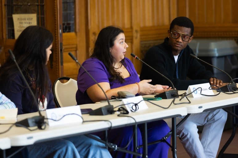 Madison Sztaba, a graduate student at the University of Connecticut, speaks at a roundtable discussion about student loans at the Capitol on September 10, 2025. Credit: Shahrzad Rasekh / CT Mirror