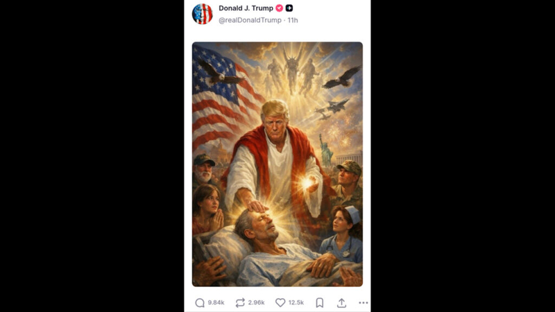An unholy war recruitment poster: Trump’s AI slop image depicts encroaching darkness