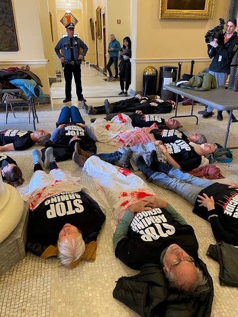 Activists hold State House die-in over Gaza, protest subsidies to General Dynamics