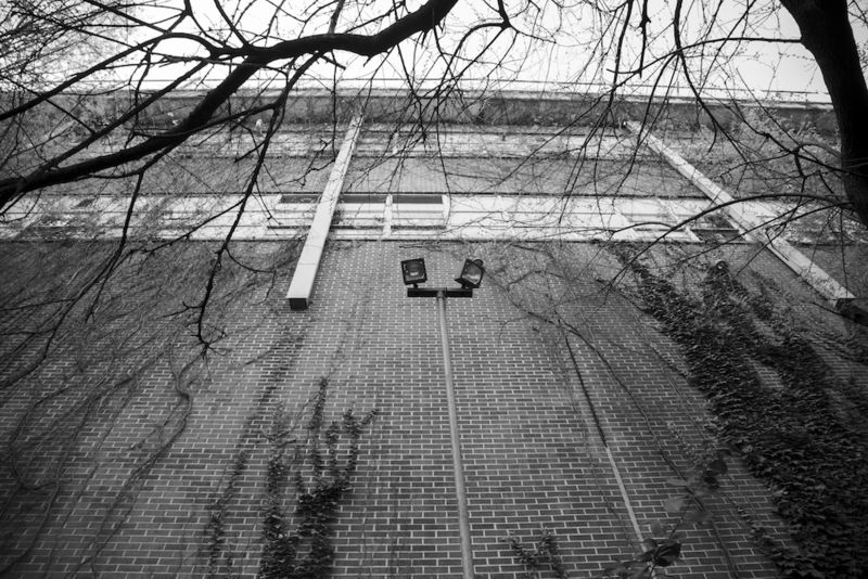 A brick wall about three stories high, with white gutters pointed toward the ground. It is the view from a back yard of a neighbor of the missile plant.