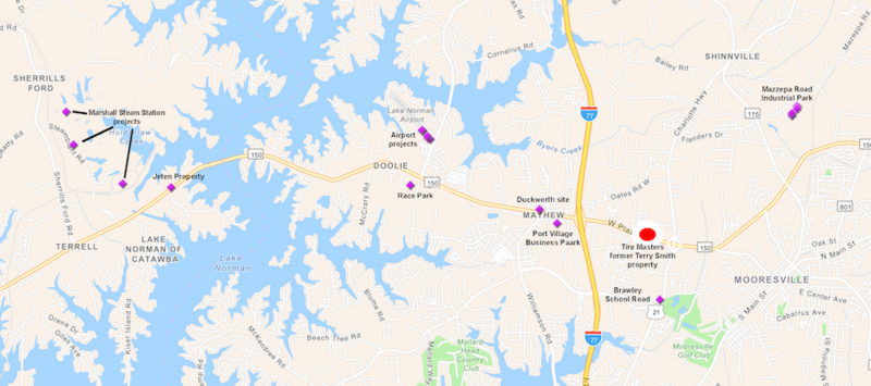 A map showing the locations where coal ash was used as structural fill in Iredell County: Marshall Steam Station, Lake Norman Airport, Tire Masters, Brawley School Road, Port Village Business Park and the Mazzepa Road Industrial Park.
