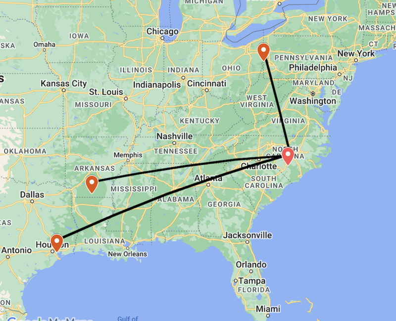 A map showing the transportation routes of PFAS and GenX waste from Chemours Fayetteville Works plant in Bladen County, NC to East Liverpool, Ohio; Deer Park, Texas; and El Dorado, Ark.