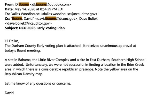 NC auditor’s office liaison invoked state GOP wishes in some county early voting plans