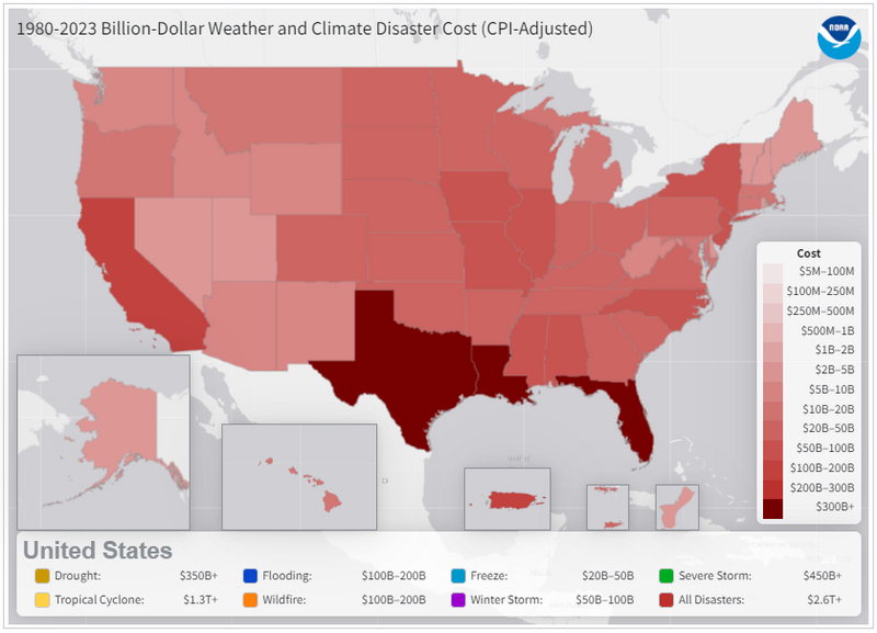 A map of billion-dollar disasters, 1980-2023