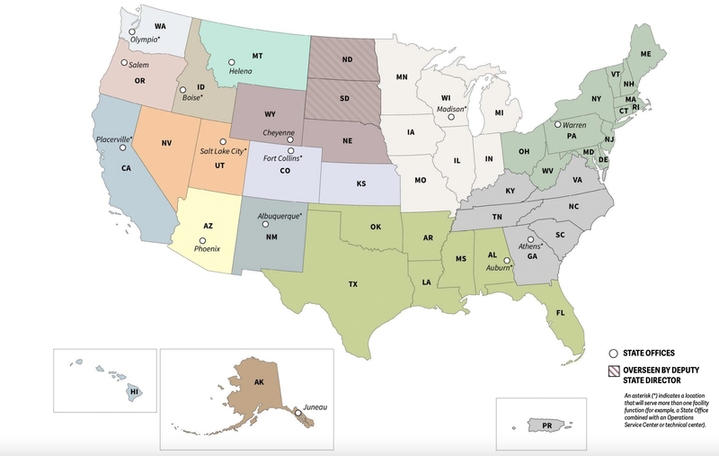 The U.S. Forest Service is realigning its organizational structure. An asterisk indicates a location that will serve more than one facility function. (Photo by U.S. Forest Service)