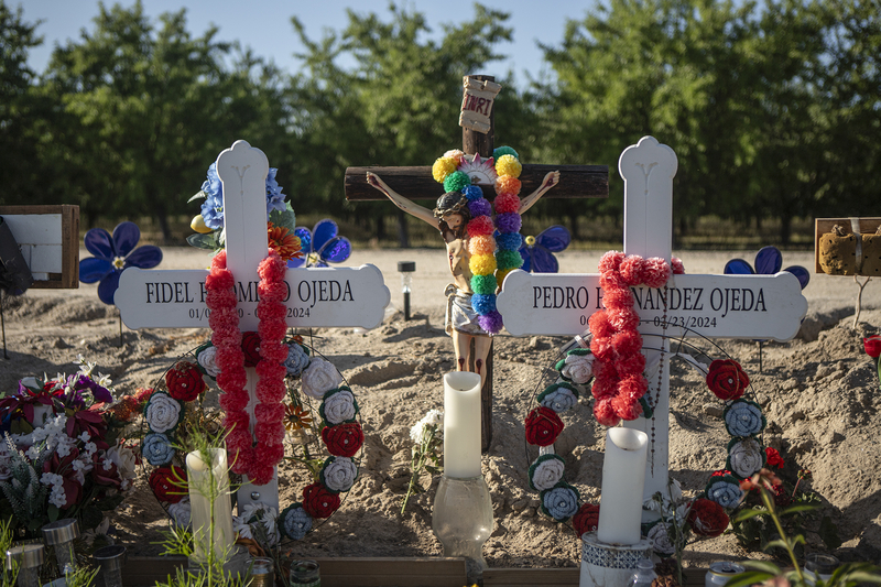 A memorial for Fidel Ojeda and Pedro Ojeda, two of seven farm workers killed while driving to work in Madera County. Madera on April 19, 2024. Photo by Larry Valenzuela, CalMatters/CatchLight Local