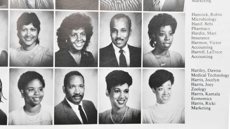 Vice President Kamala Harris graduated from Howard University in 1986. Her graduating year photo is in the bottom row, second from right.