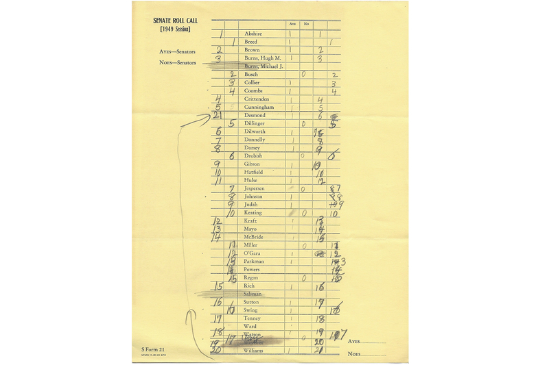 A yellow sheet with the names of lawmakers and various numbers adding up "aye" and "no".
